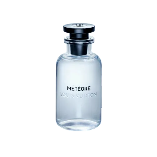 Louis Vuitton Mètéore perfume bottle, featuring a clear glass body with a black cap and silver collar, on a solid white background.