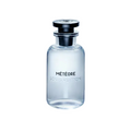Louis Vuitton Mètéore perfume bottle, featuring a clear glass body with a black cap and silver collar, on a solid white background.